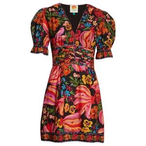 FARM RIO Black Pink Spring Bananas Print Deep V Neck Minidress